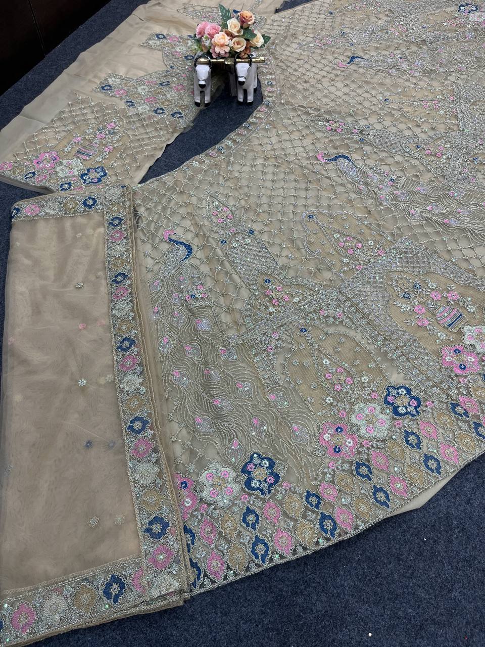 Beige Peacock Embroidered Lehenga Fabric with Zari, Sequin & Mirror Work