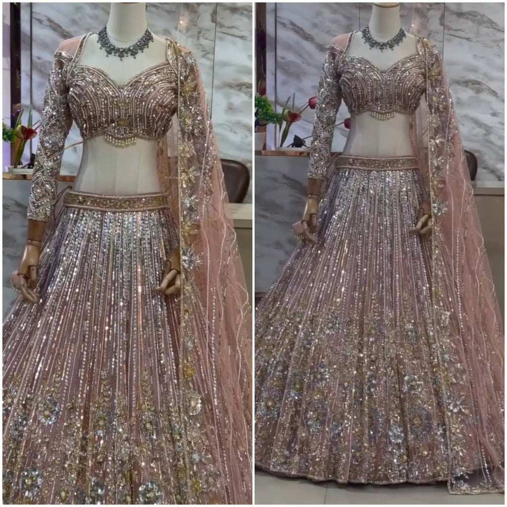 Soft Net Embroidery Sequins Lehenga Set – Semi-Stitched with Dupatta