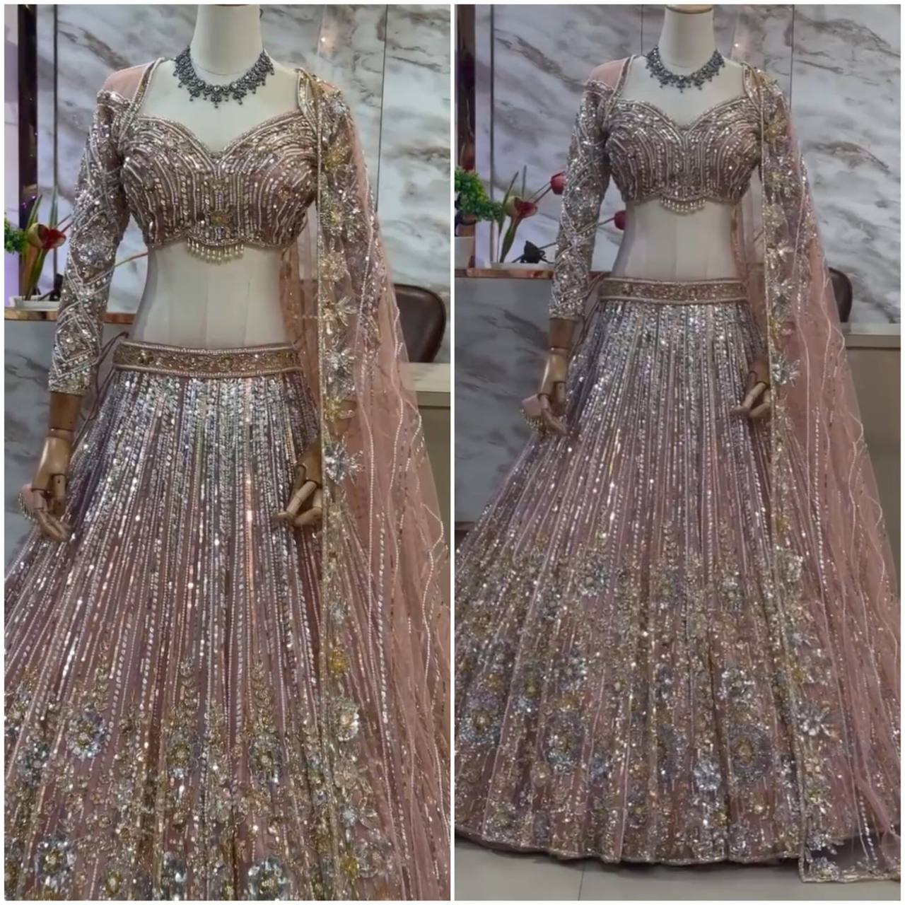 Soft Net Embroidery Sequins Lehenga Set – Semi-Stitched with Dupatta