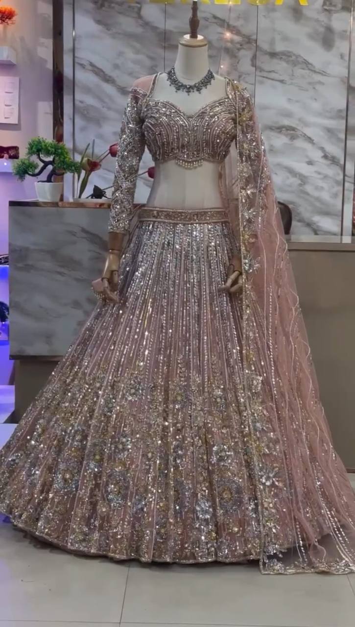 Soft Net Embroidery Sequins Lehenga Set – Semi-Stitched with Dupatta