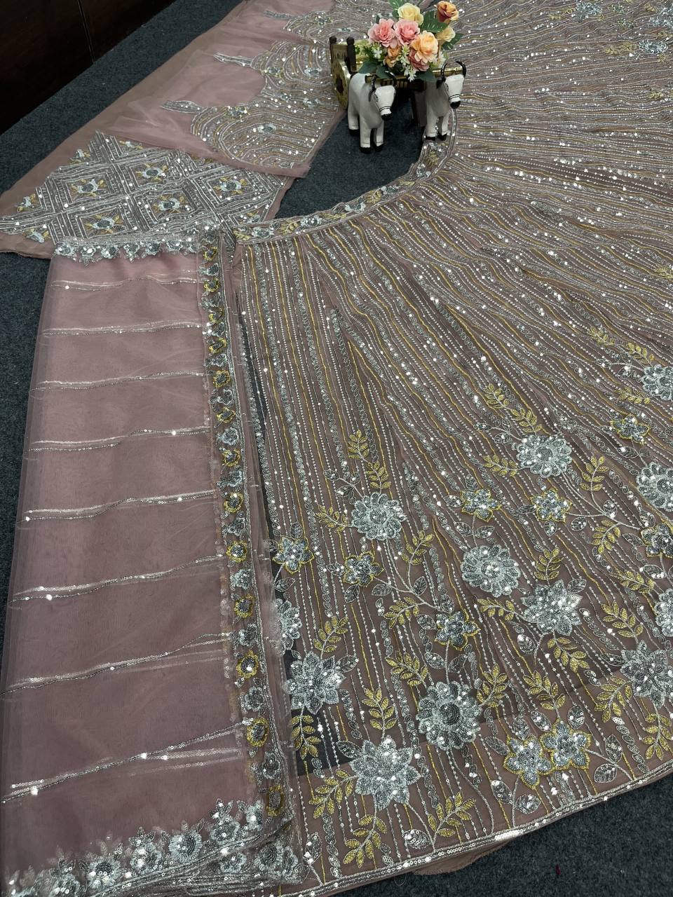 Soft Net Embroidery Sequins Lehenga Set – Semi-Stitched with Dupatta