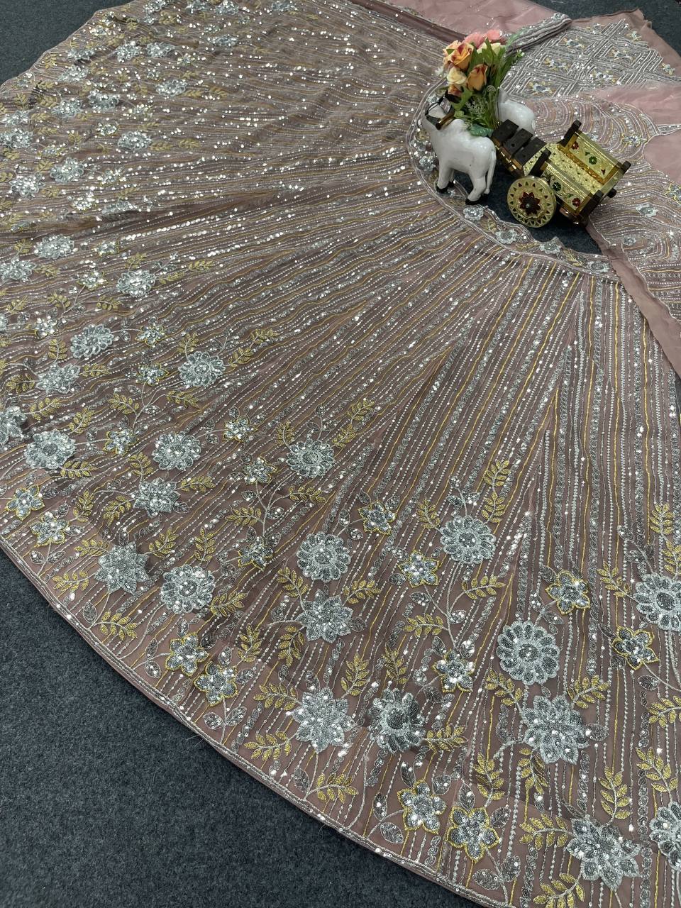 Soft Net Embroidery Sequins Lehenga Set – Semi-Stitched with Dupatta