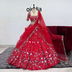 Designer Red Soft Net Lehenga Choli with Multicolor Thread & Sequins Embroidery