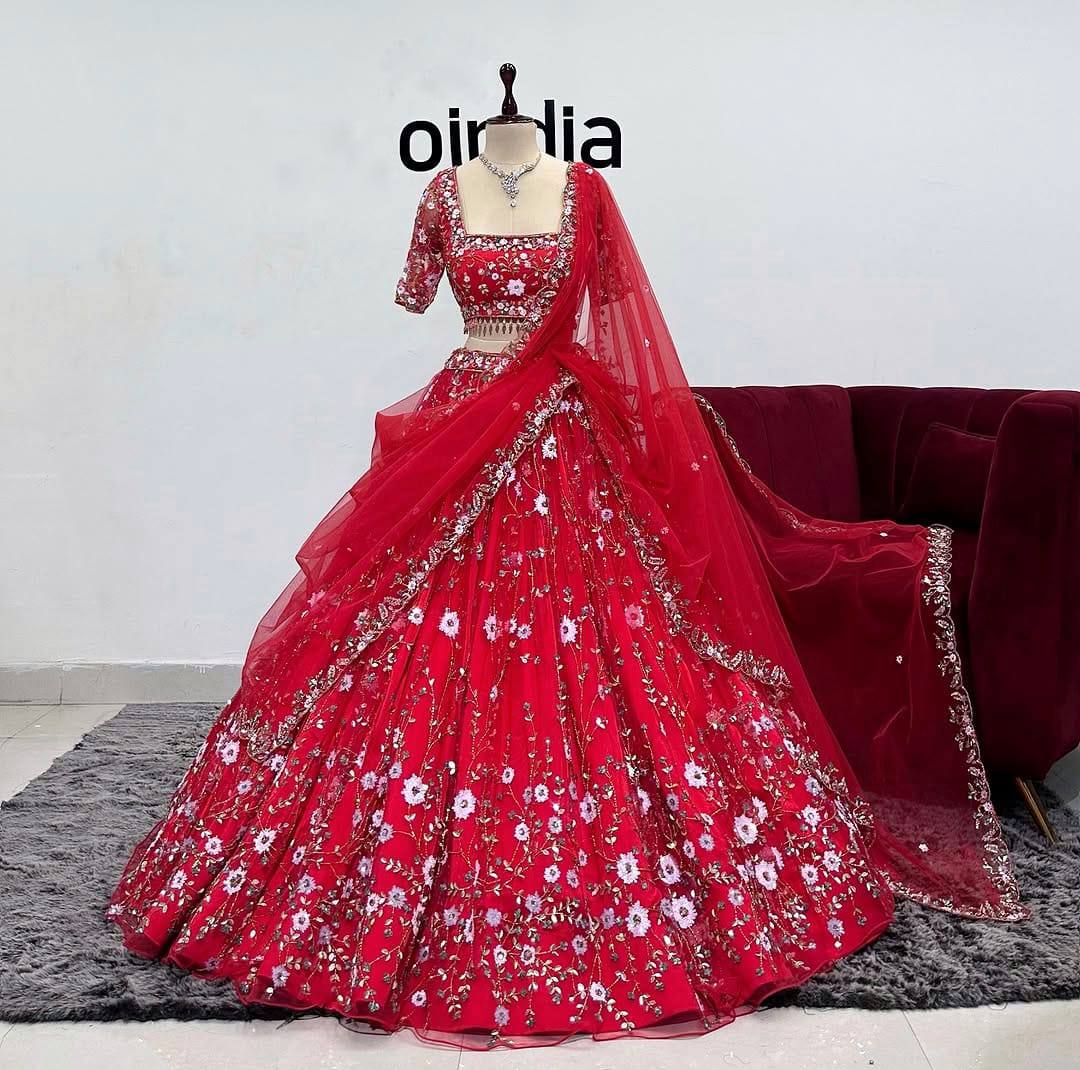 Soft Net Lehenga with Embroidery Sequins Work – Semi-Stitched Set