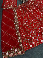 Designer Red Soft Net Lehenga Choli with Multicolor Thread & Sequins Embroidery