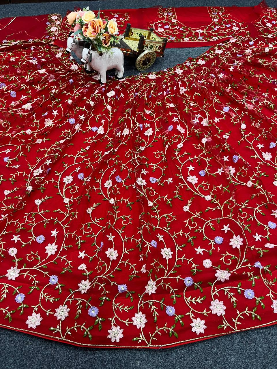 Designer Red Soft Net Lehenga Choli with Multicolor Thread & Sequins Embroidery
