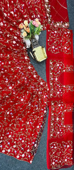 Designer Red Soft Net Lehenga Choli with Multicolor Thread & Sequins Embroidery