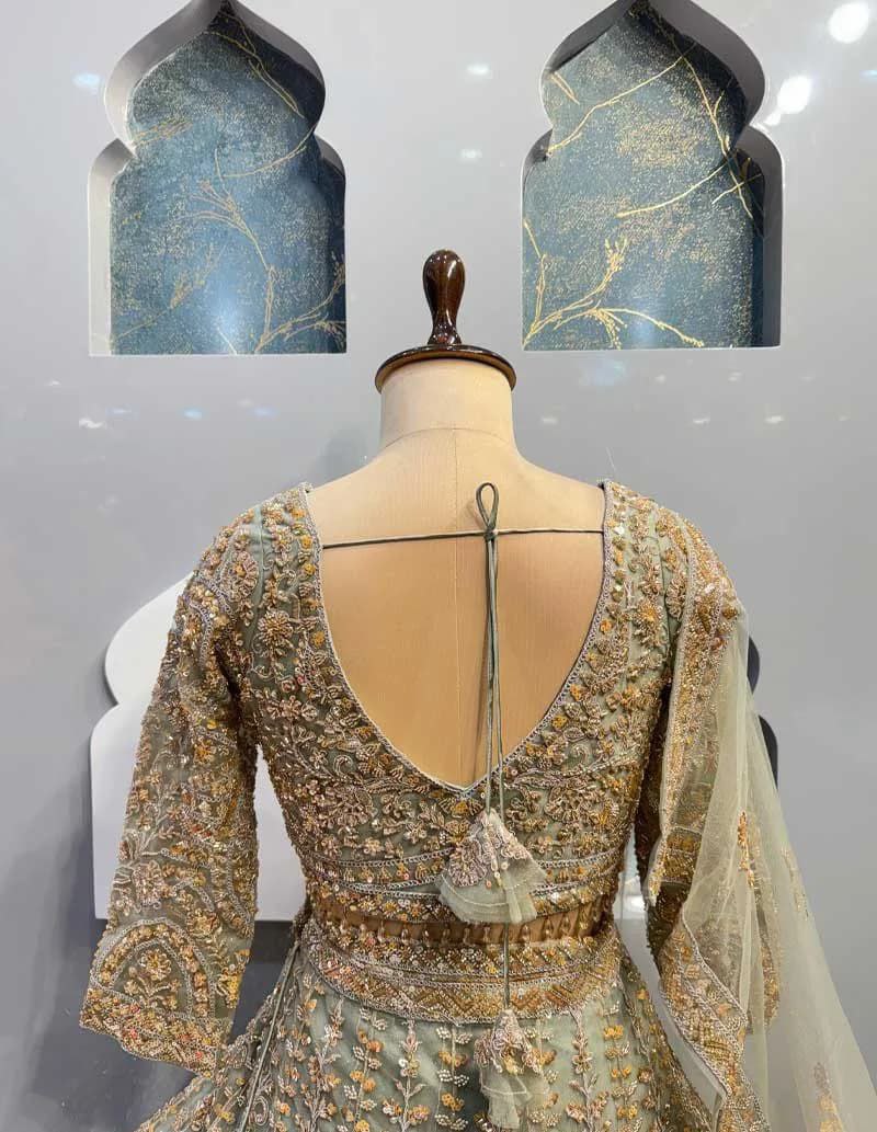 Sage Green Soft Net Lehenga Choli with Heavy Zari and Mirror Embroidery