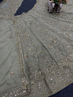 Sage Green Soft Net Lehenga Choli with Heavy Zari and Mirror Embroidery