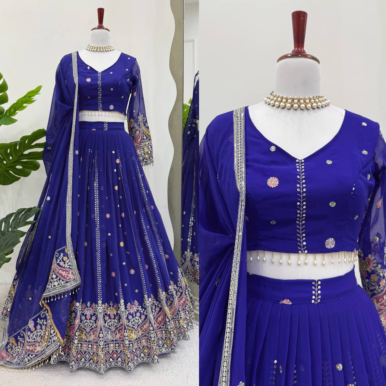 Faux Georgette Lehenga Choli Set - Thread & Sequence Embroidered Ensemble