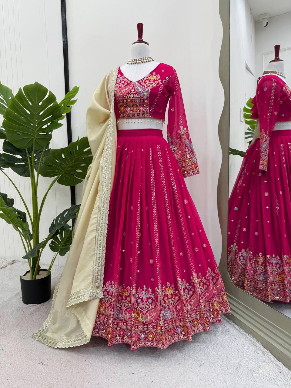 Faux Georgette Lehenga Choli Set - Thread & Sequence Embroidered Ensemble