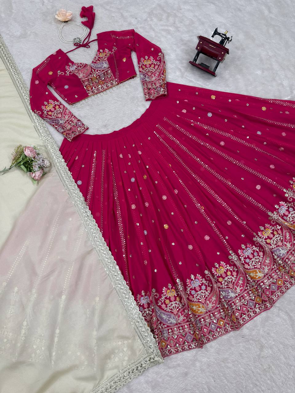 Faux Georgette Lehenga Choli Set - Thread & Sequence Embroidered Ensemble