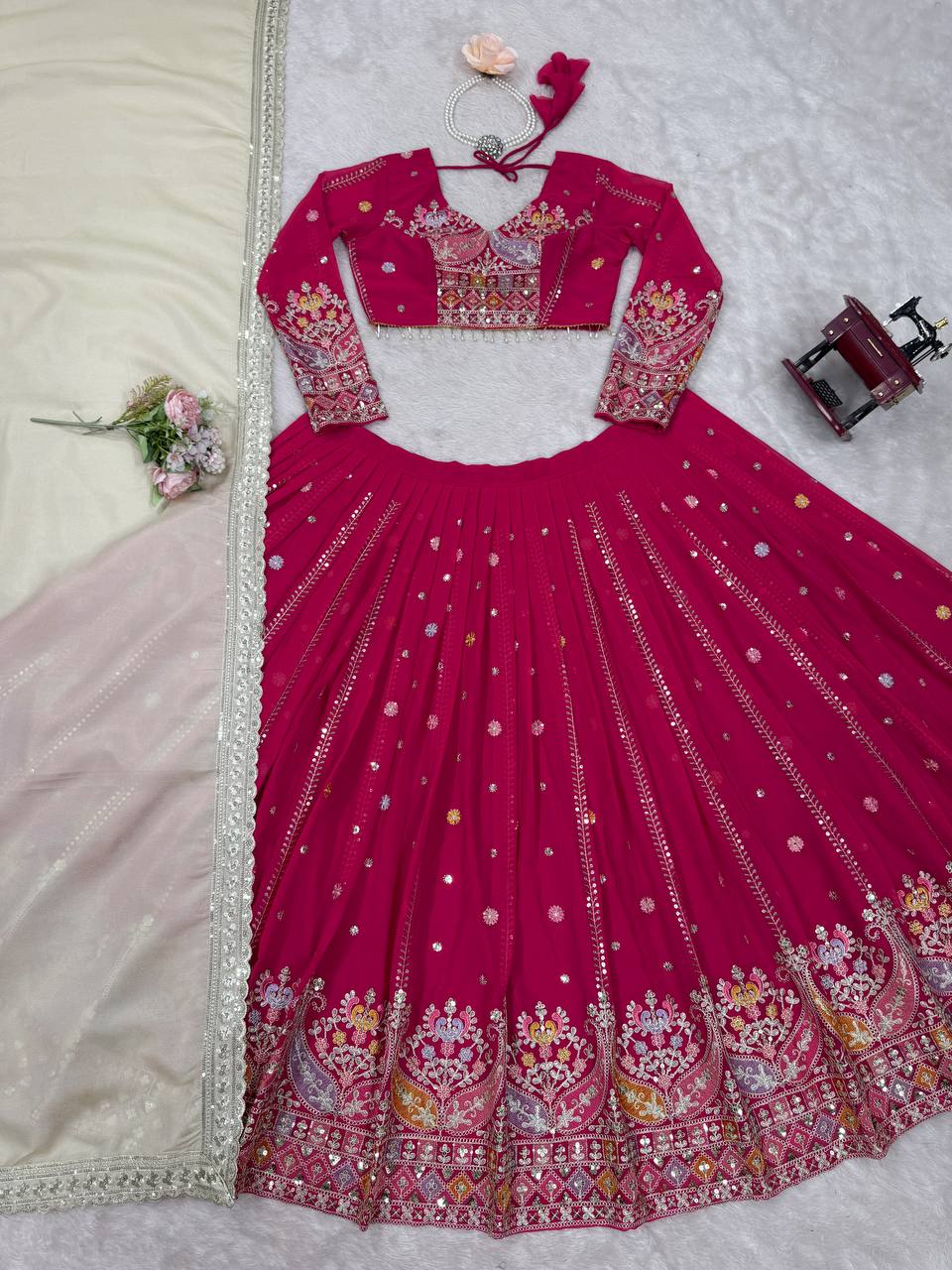 Faux Georgette Lehenga Choli Set - Thread & Sequence Embroidered Ensemble