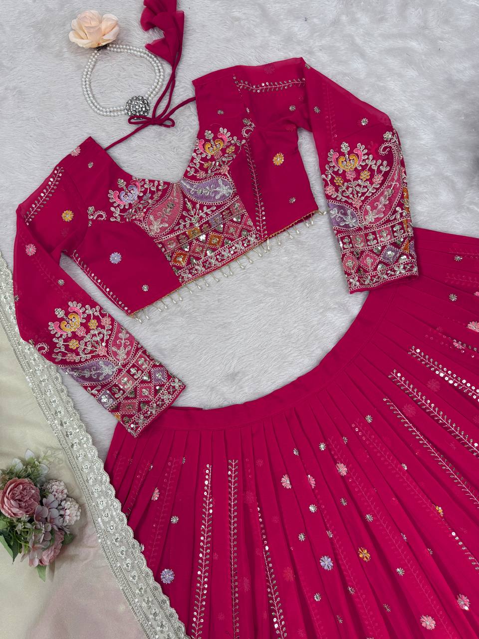 Faux Georgette Lehenga Choli Set - Thread & Sequence Embroidered Ensemble
