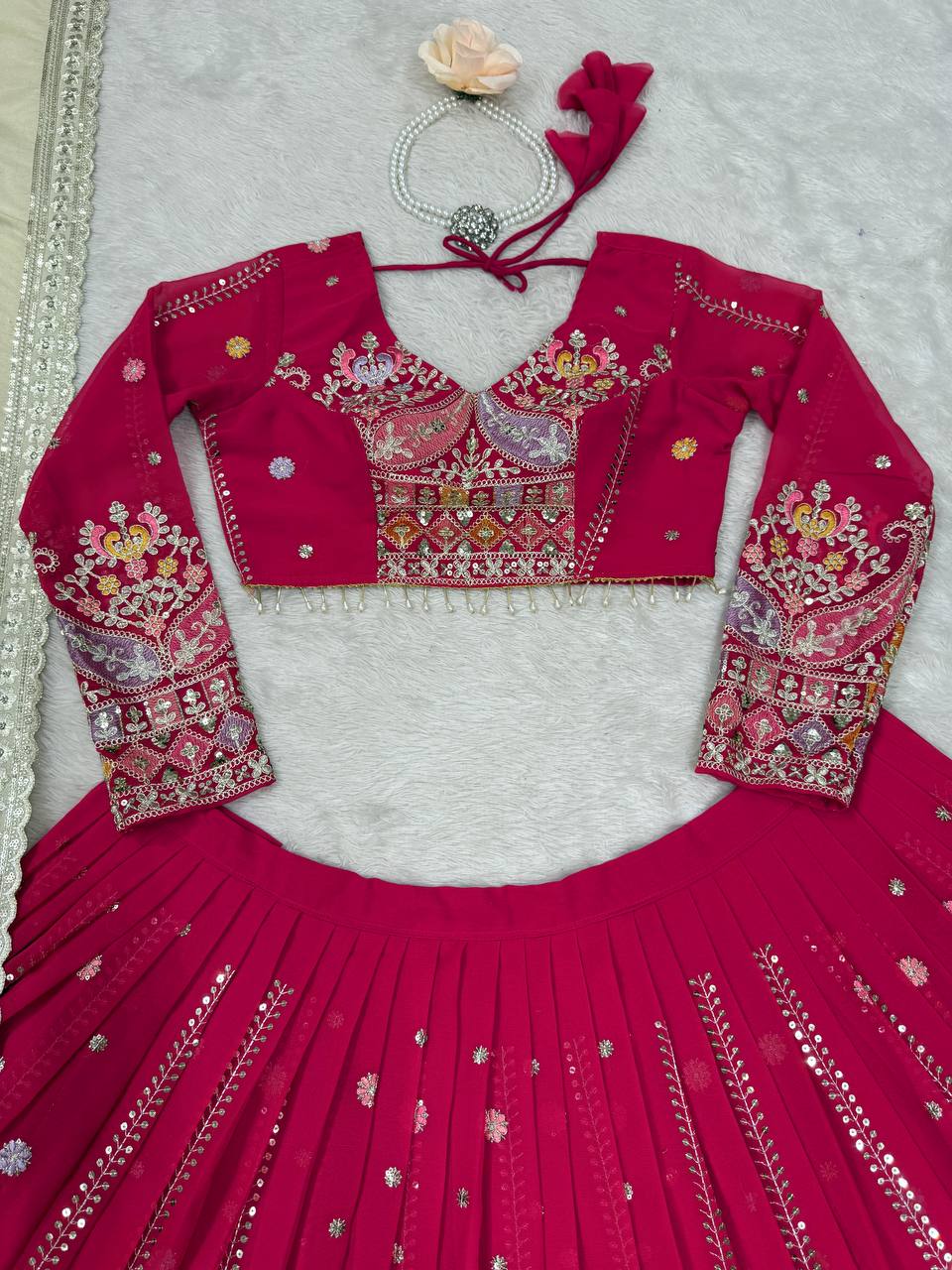 Faux Georgette Lehenga Choli Set - Thread & Sequence Embroidered Ensemble