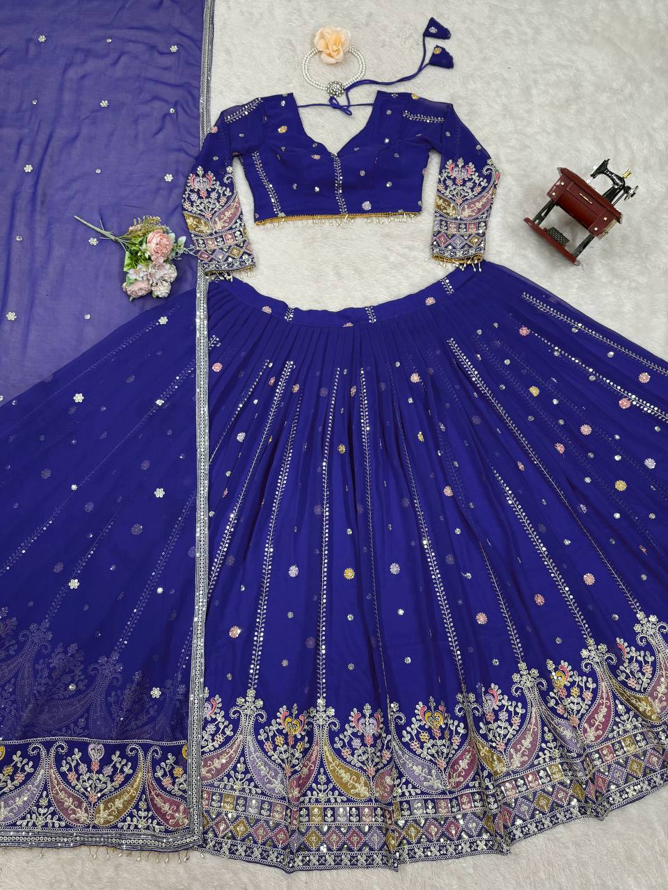 Faux Georgette Lehenga Choli Set - Thread & Sequence Embroidered Ensemble