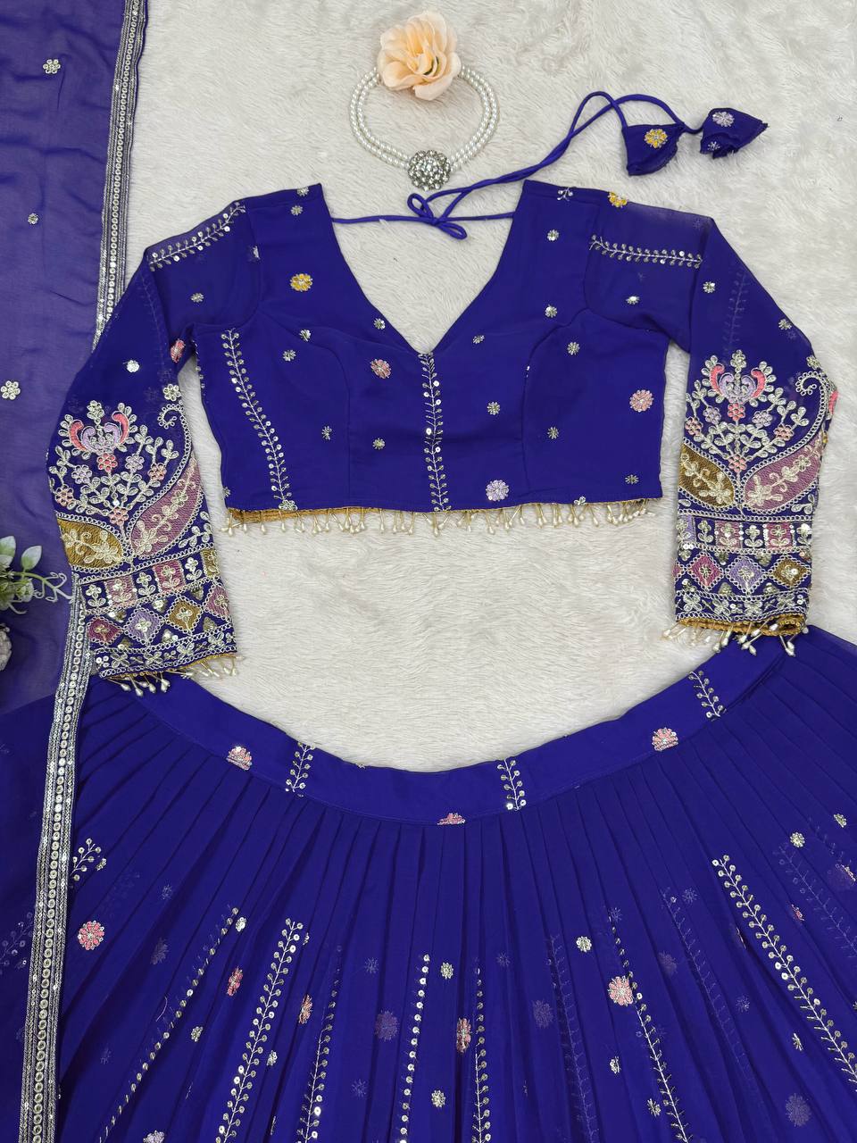Faux Georgette Lehenga Choli Set - Thread & Sequence Embroidered Ensemble