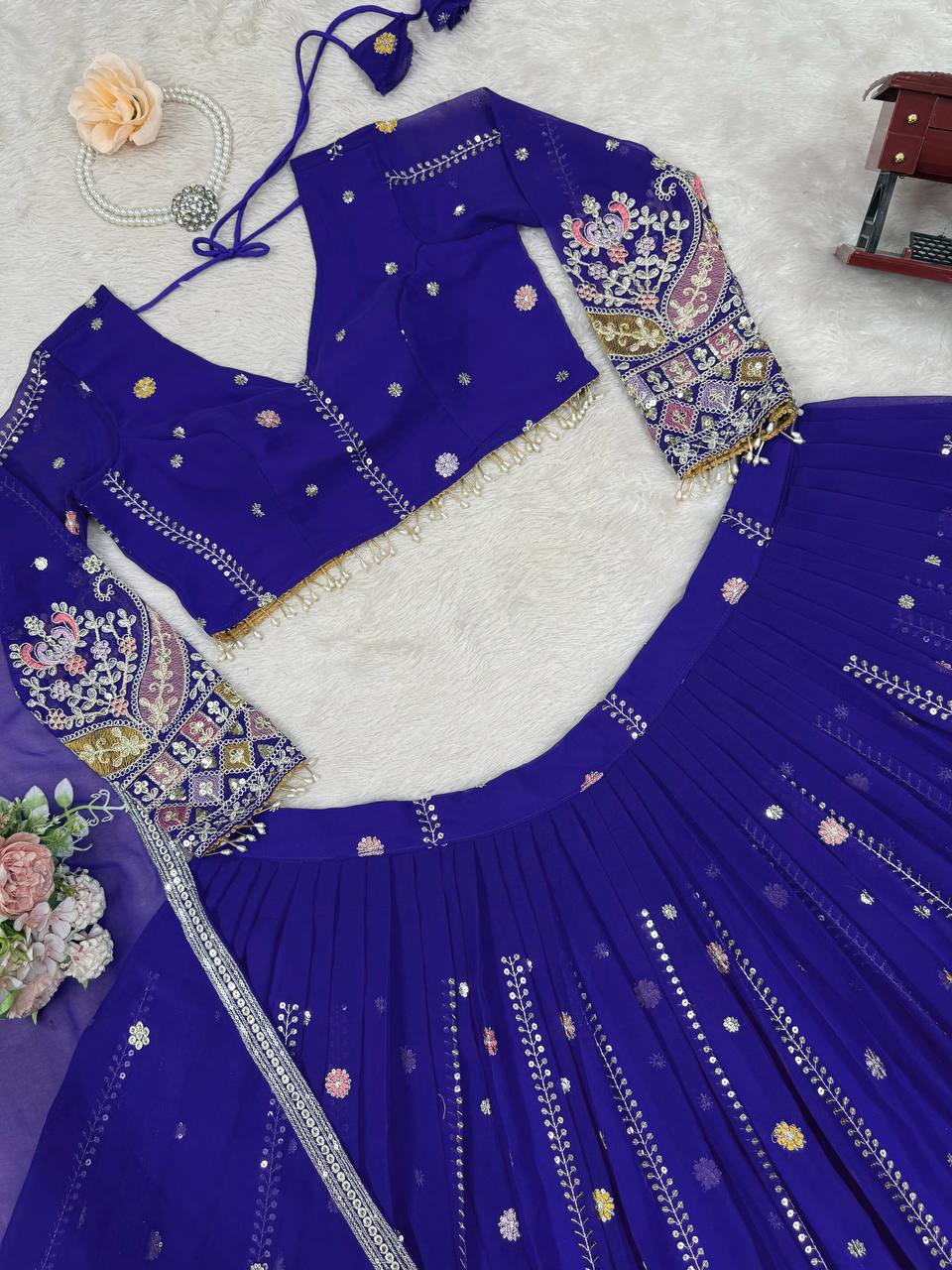 Faux Georgette Lehenga Choli Set - Thread & Sequence Embroidered Ensemble