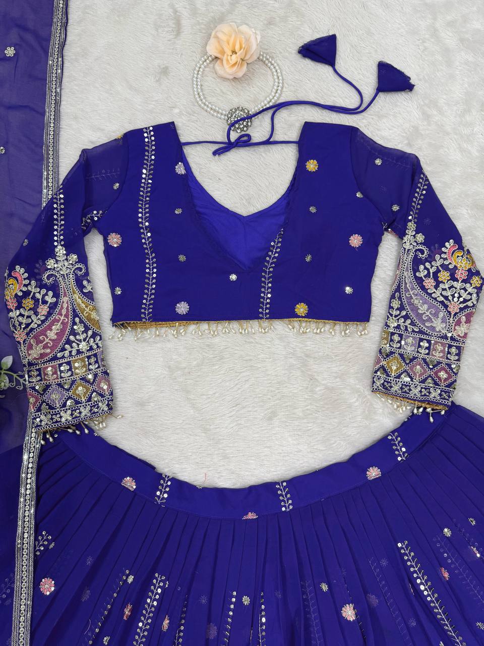 Faux Georgette Lehenga Choli Set - Thread & Sequence Embroidered Ensemble
