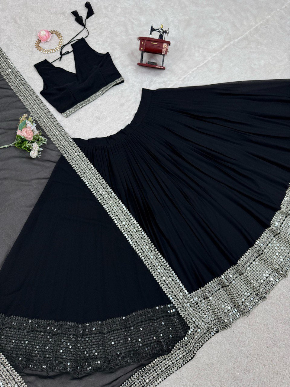 Royal 9mm Sequence Embroidered Lehenga Choli – Semi-Stitched with 3-Meter Flair & Lace Dupatta