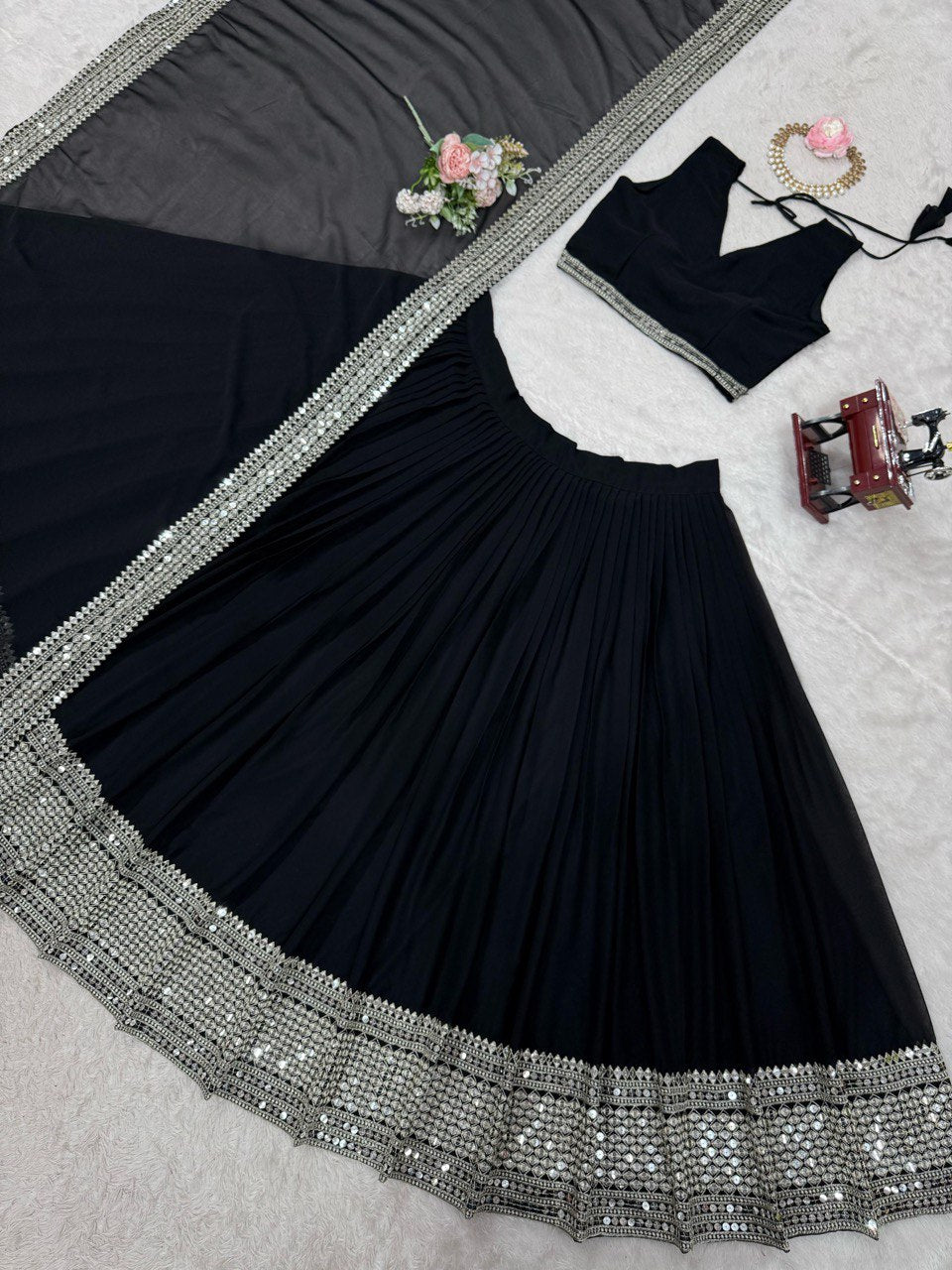 Royal 9mm Sequence Embroidered Lehenga Choli – Semi-Stitched with 3-Meter Flair & Lace Dupatta