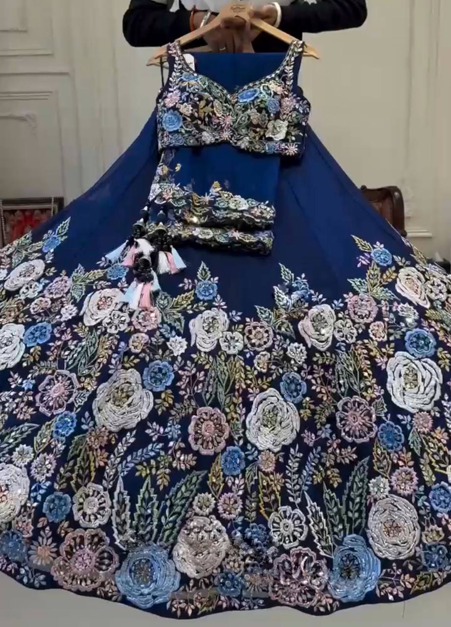 Royal Blue Floral Embroidered Lehenga Set with Mirror and Sequin Work