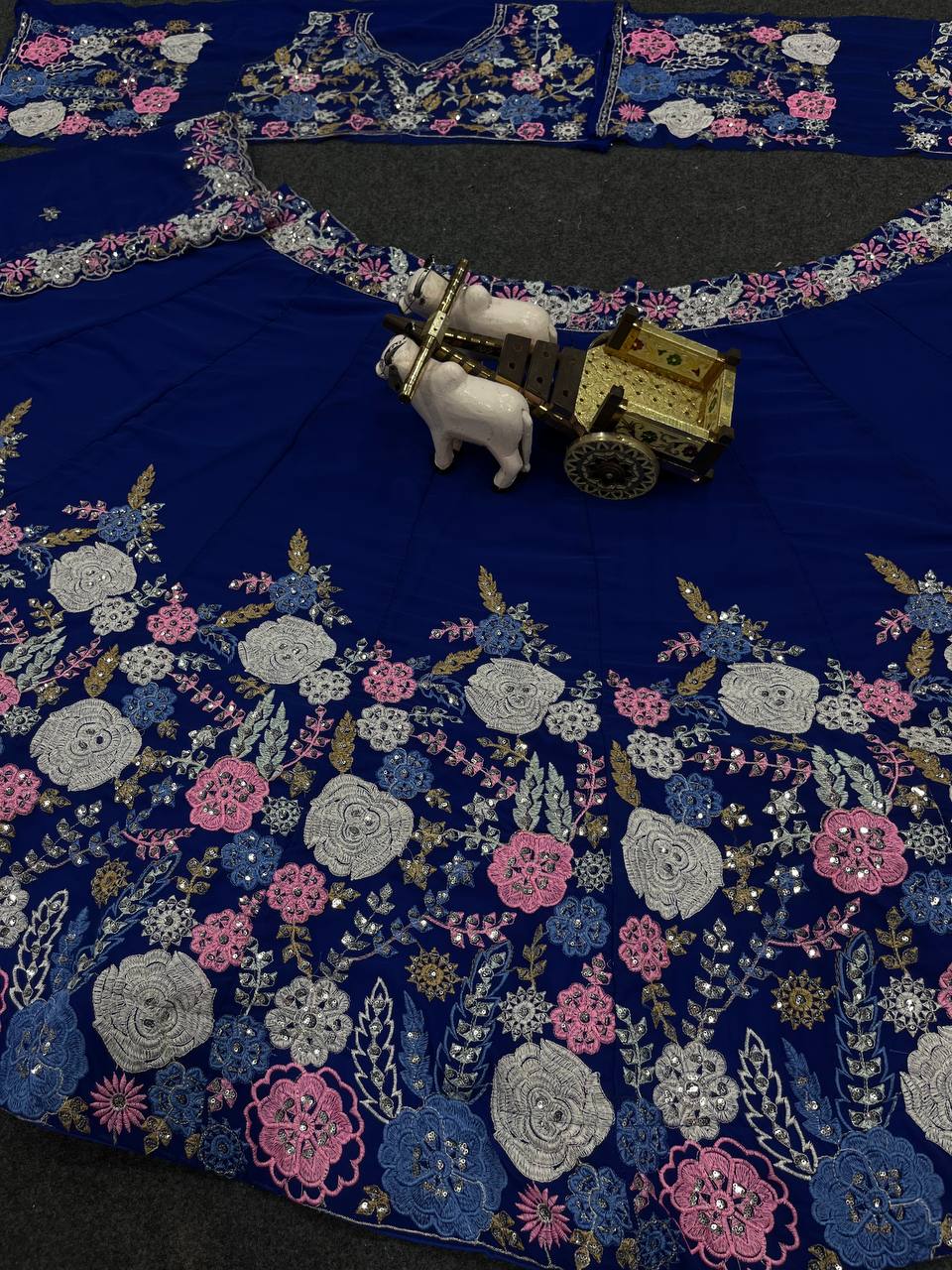 Royal Blue Floral Embroidered Lehenga Set with Mirror and Sequin Work