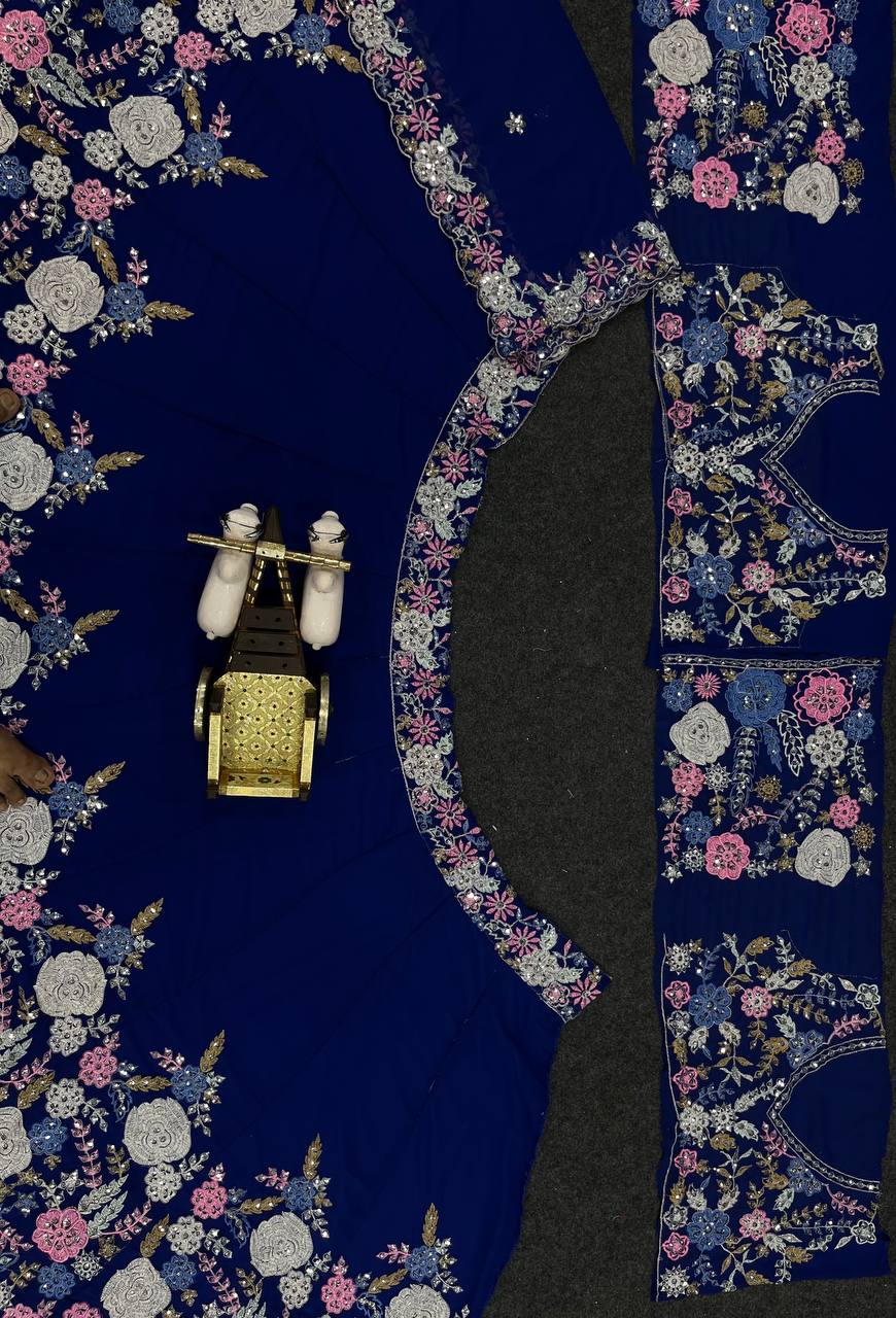 Royal Blue Floral Embroidered Lehenga Set with Mirror and Sequin Work