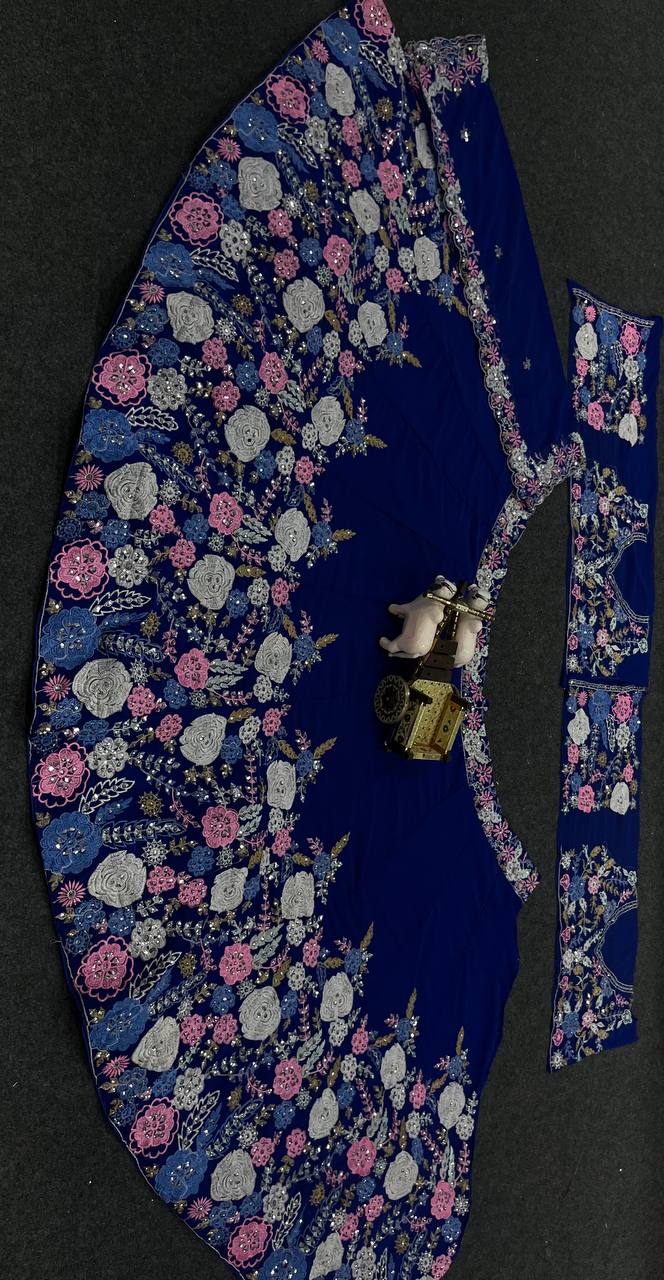 Royal Blue Floral Embroidered Lehenga Set with Mirror and Sequin Work