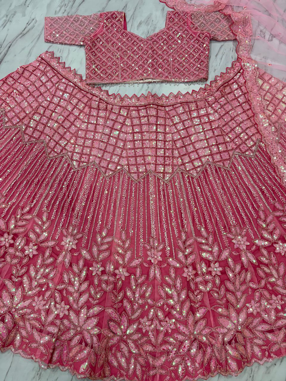 Designer Embroidered Net Lehenga Choli with Dori & Rainbow Sequins Work for Bridal & Wedding Wear