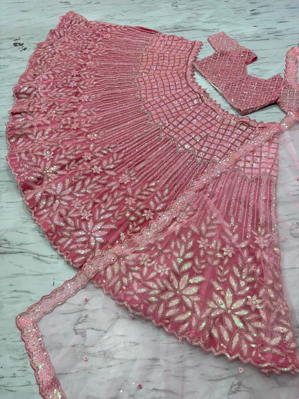 Designer Embroidered Net Lehenga Choli with Dori & Rainbow Sequins Work for Bridal & Wedding Wear
