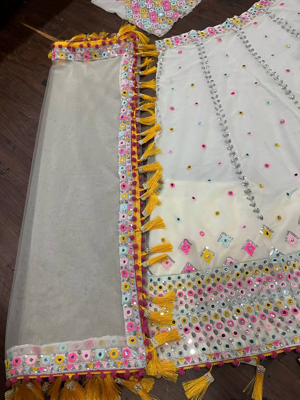 Ivory Tassel Mirror Embroidered Lehenga Choli