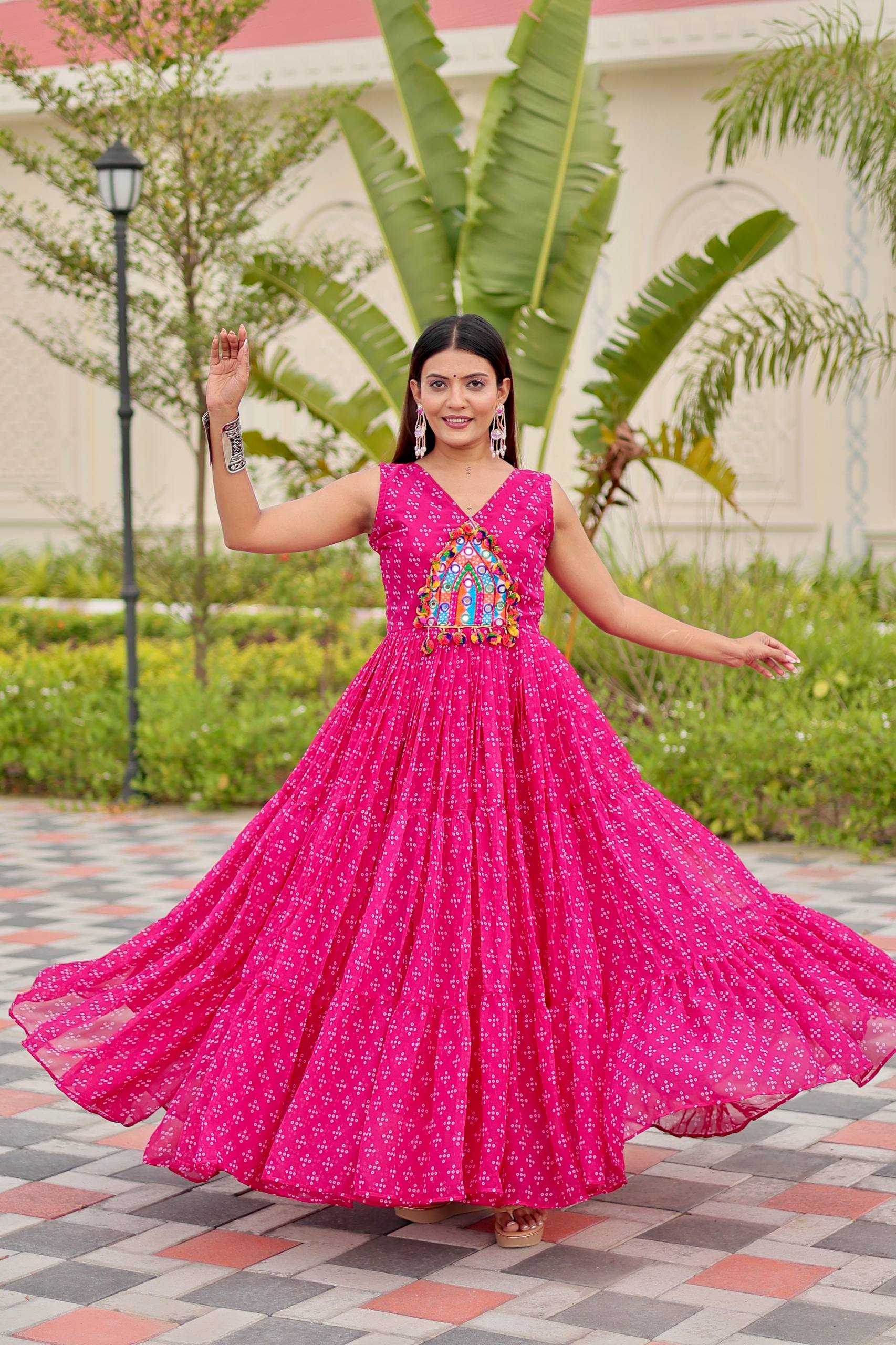 Navratri Special Gamthi Work Gown - 9 Meter Flare