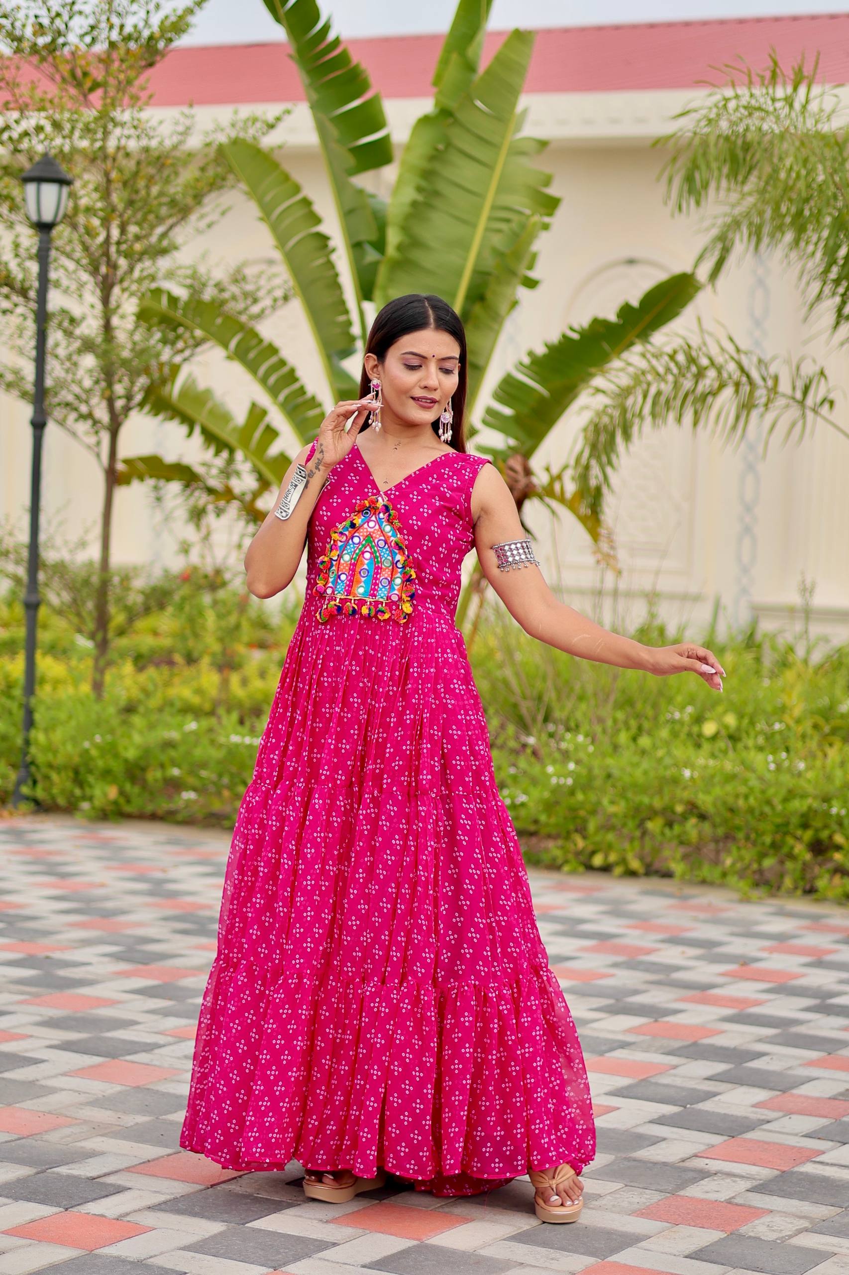 Navratri Special Gamthi Work Gown - 9 Meter Flare