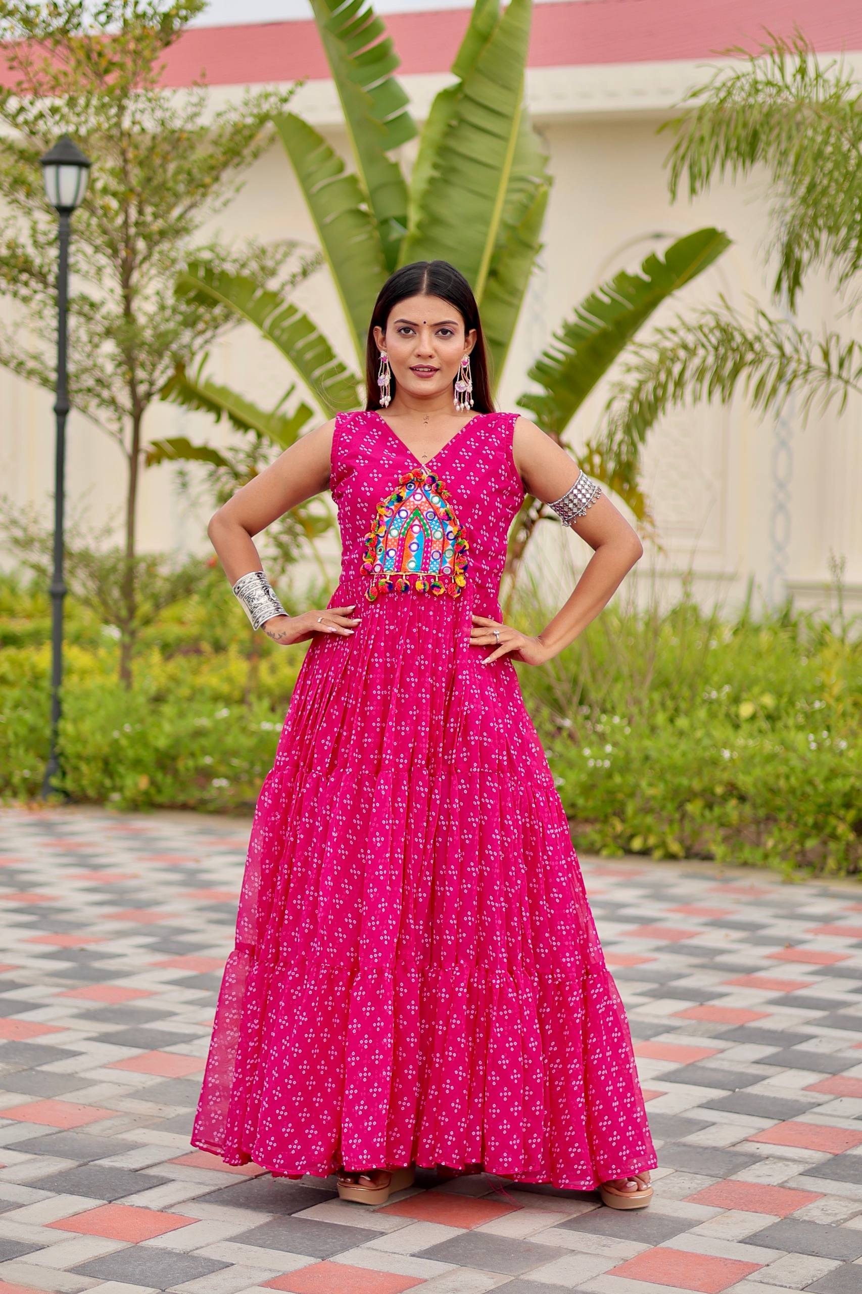 Navratri Special Gamthi Work Gown - 9 Meter Flare