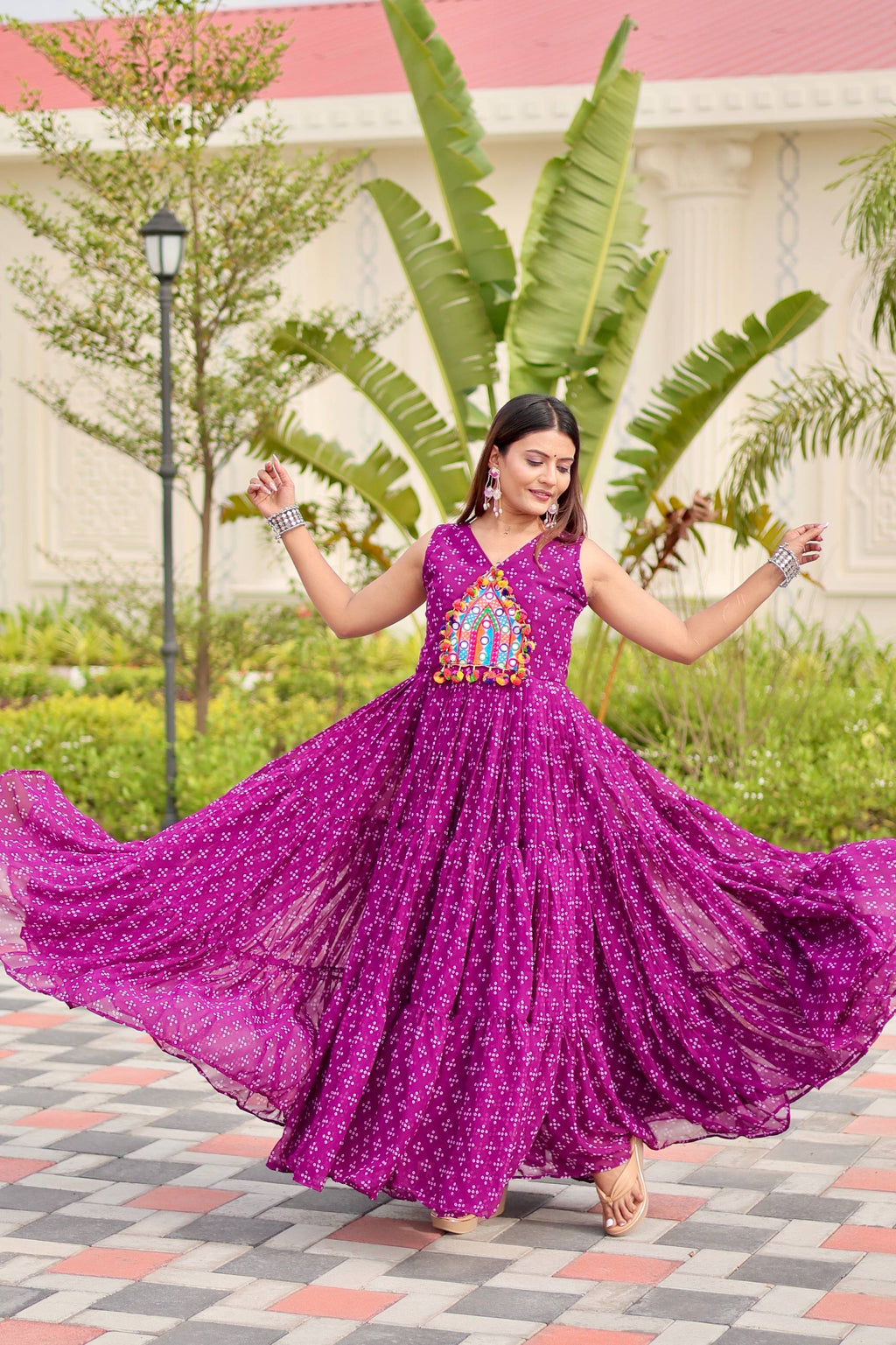 Navratri Special Gamthi Work Gown - 9 Meter Flare