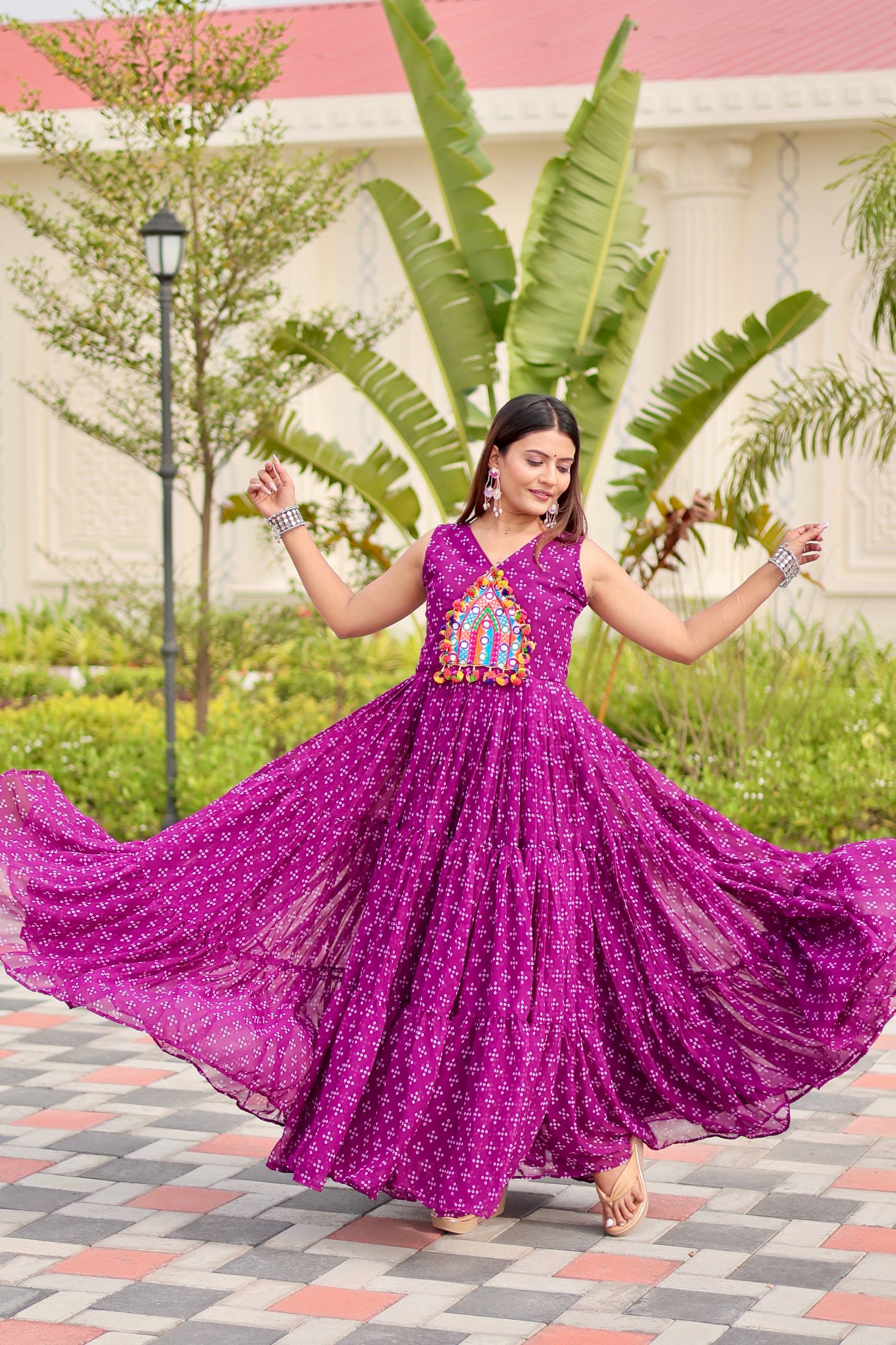 Navratri Special Gamthi Work Gown - 9 Meter Flare