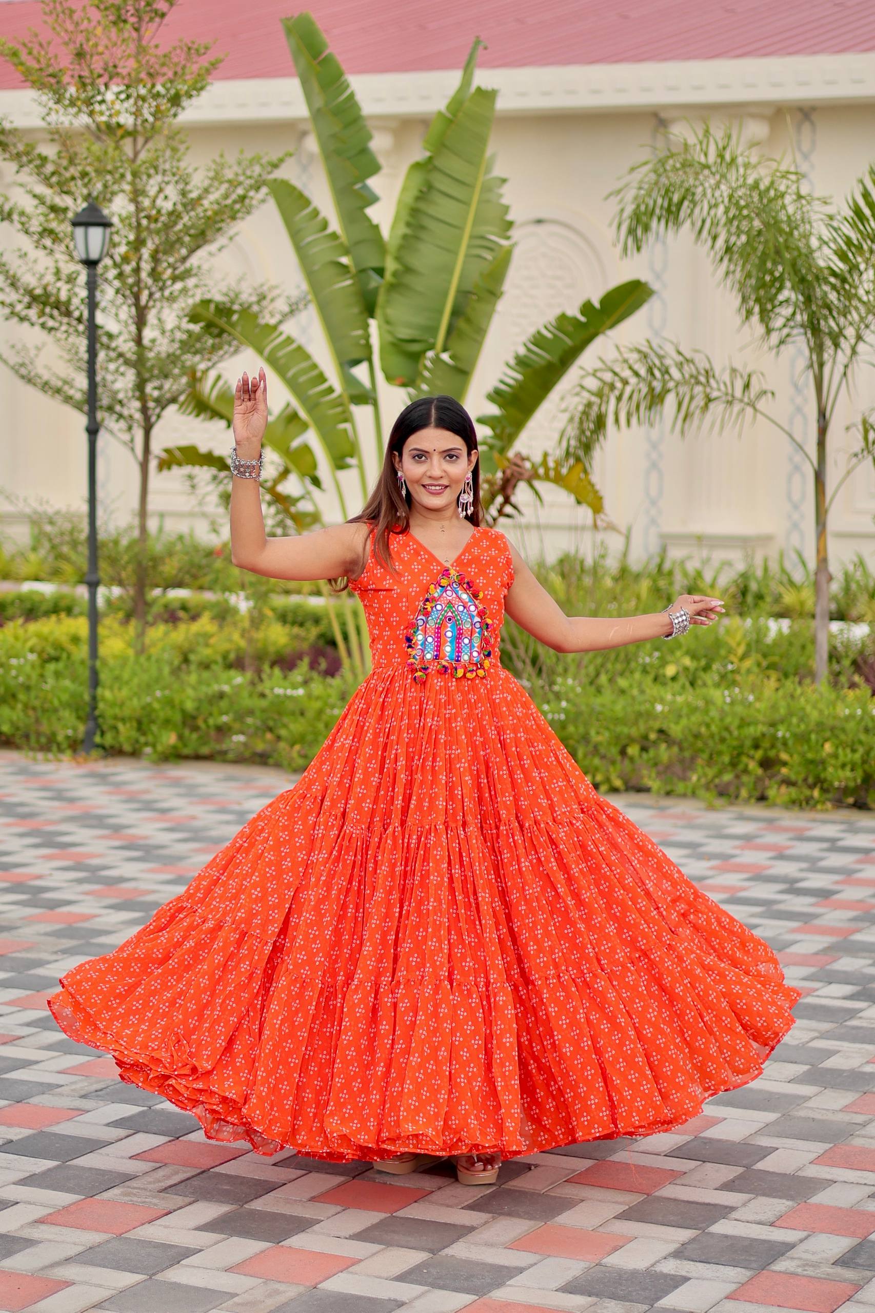 Navratri Special Gamthi Work Gown - 9 Meter Flare