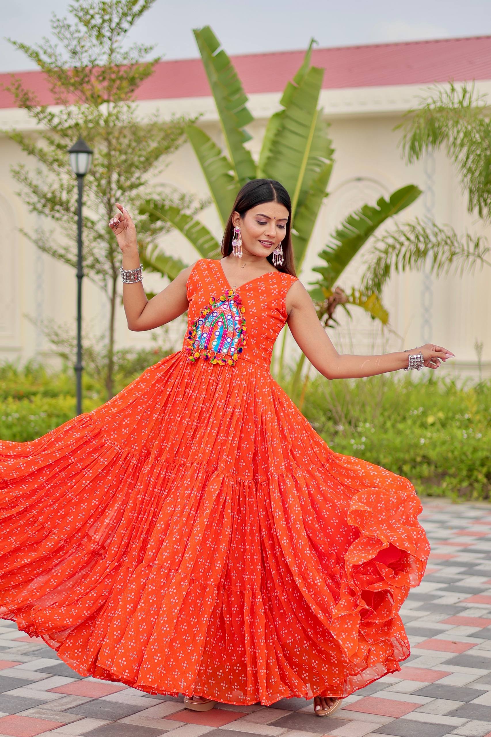 Navratri Special Gamthi Work Gown - 9 Meter Flare
