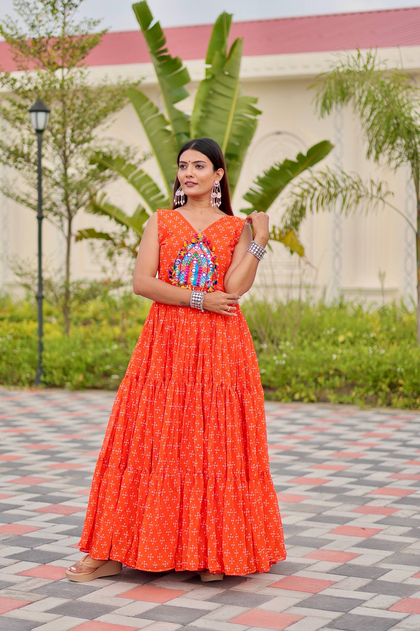 Navratri Special Gamthi Work Gown - 9 Meter Flare