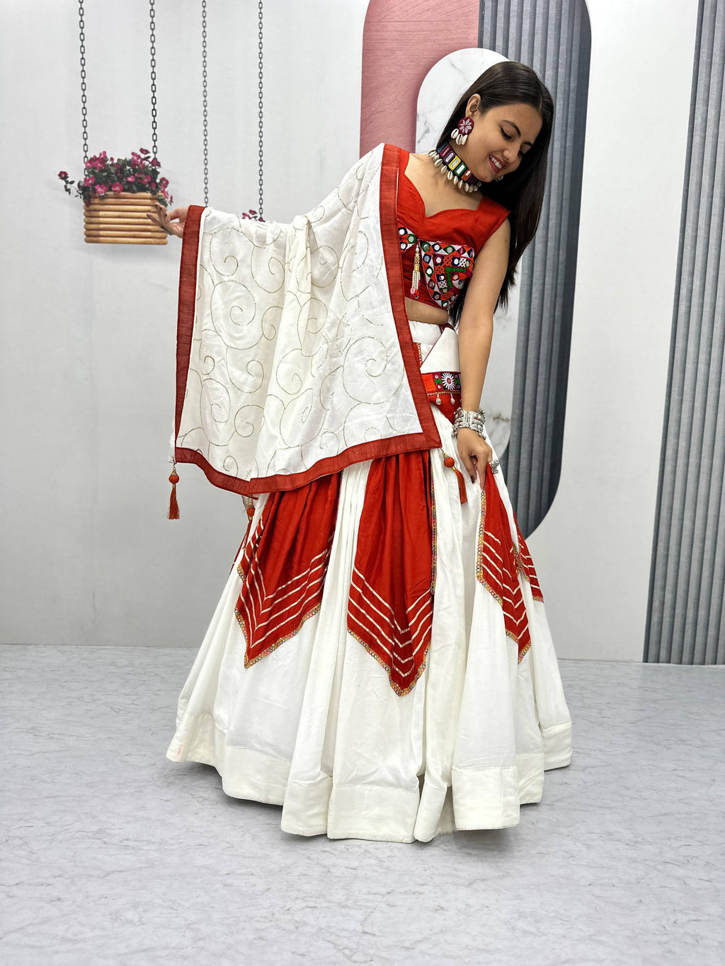 Navratri Gamathi Mirror Work Lehenga Choli 6 Flair Riyon Cotton Sequince Dupatta Purse