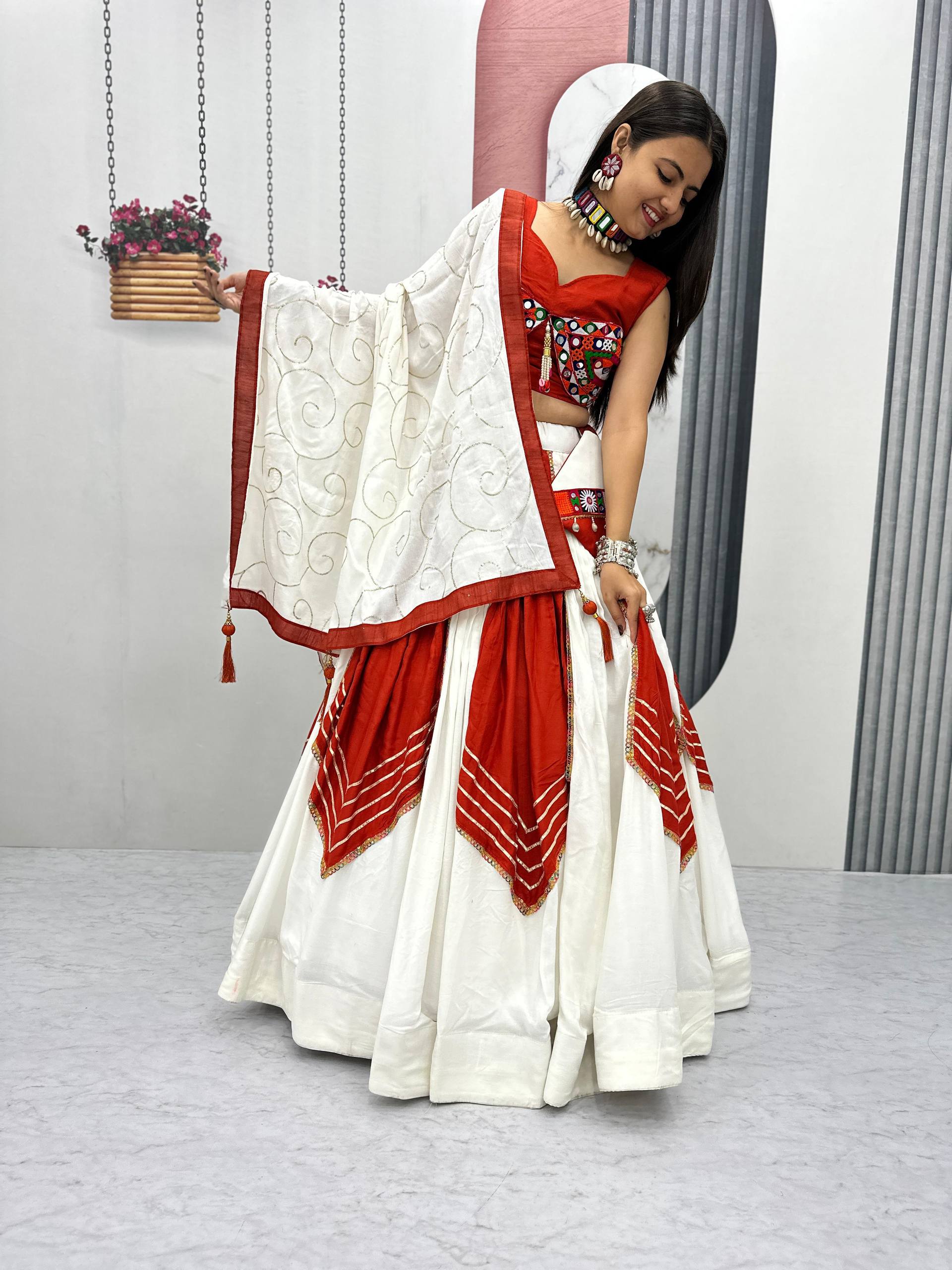 Navratri Gamathi Mirror Work Lehenga Choli 6 Flair Riyon Cotton Sequince Dupatta Purse