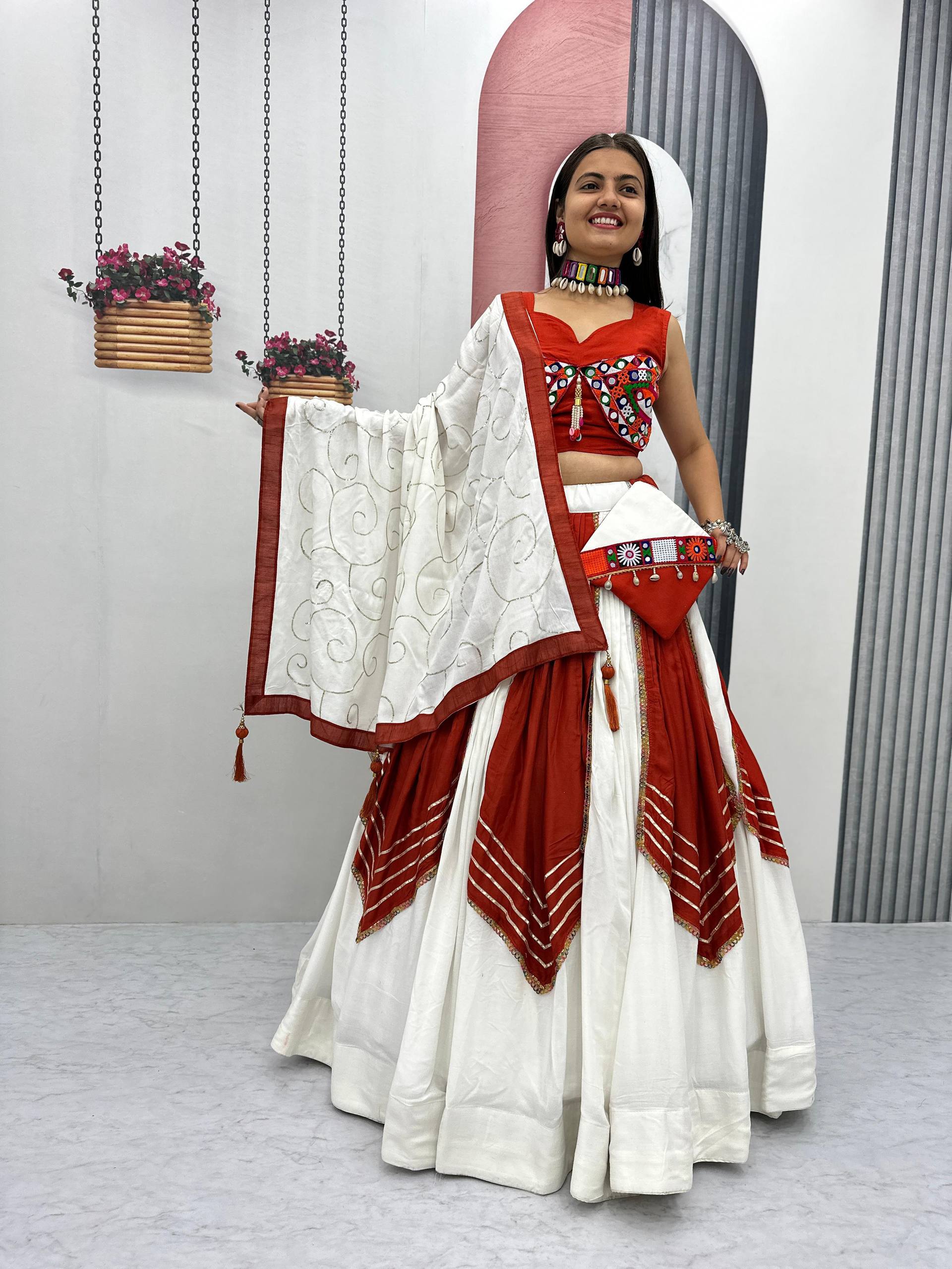 Navratri Gamathi Mirror Work Lehenga Choli 6 Flair Riyon Cotton Sequince Dupatta Purse