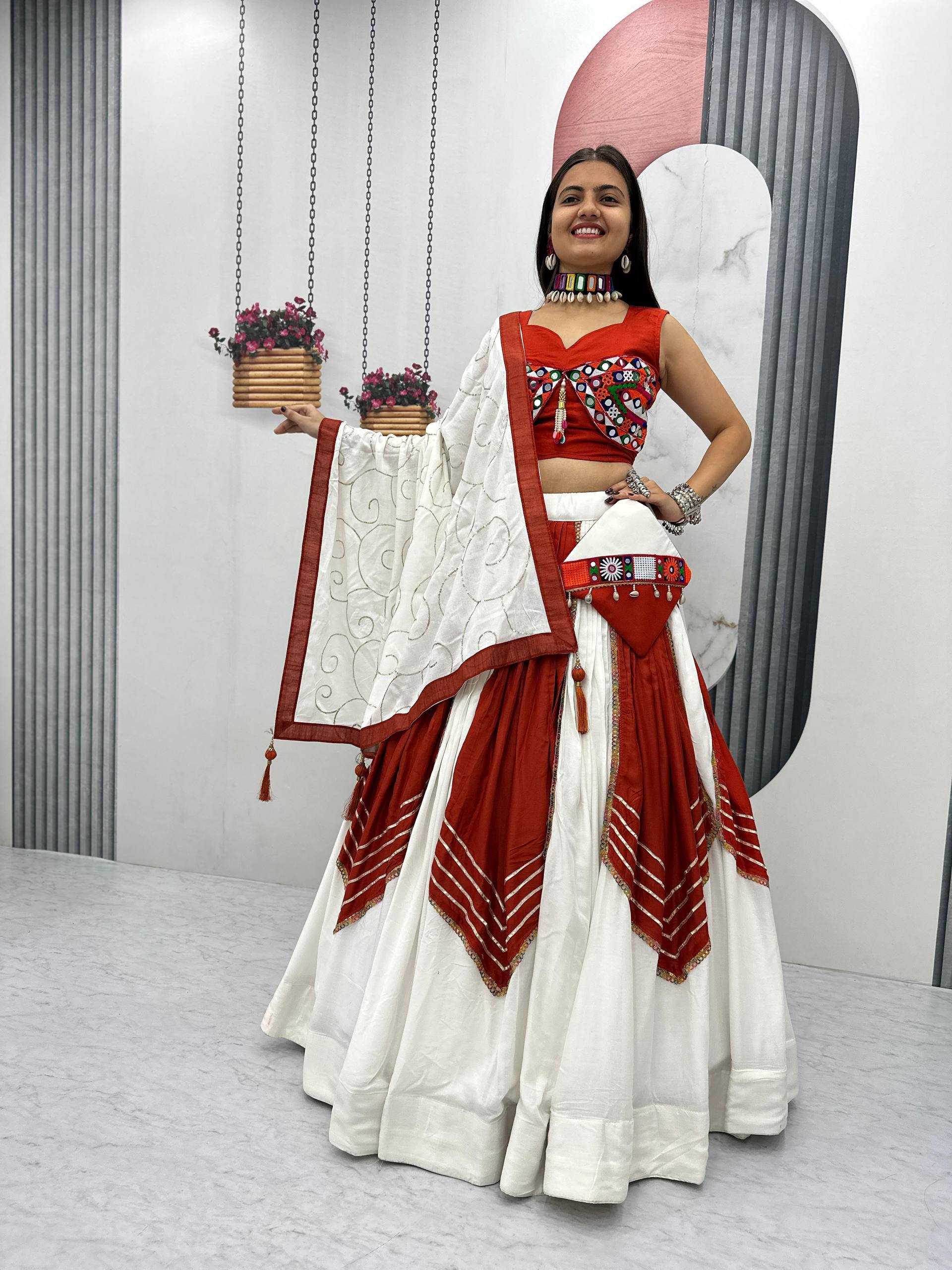 Navratri Gamathi Mirror Work Lehenga Choli 6 Flair Riyon Cotton Sequince Dupatta Purse