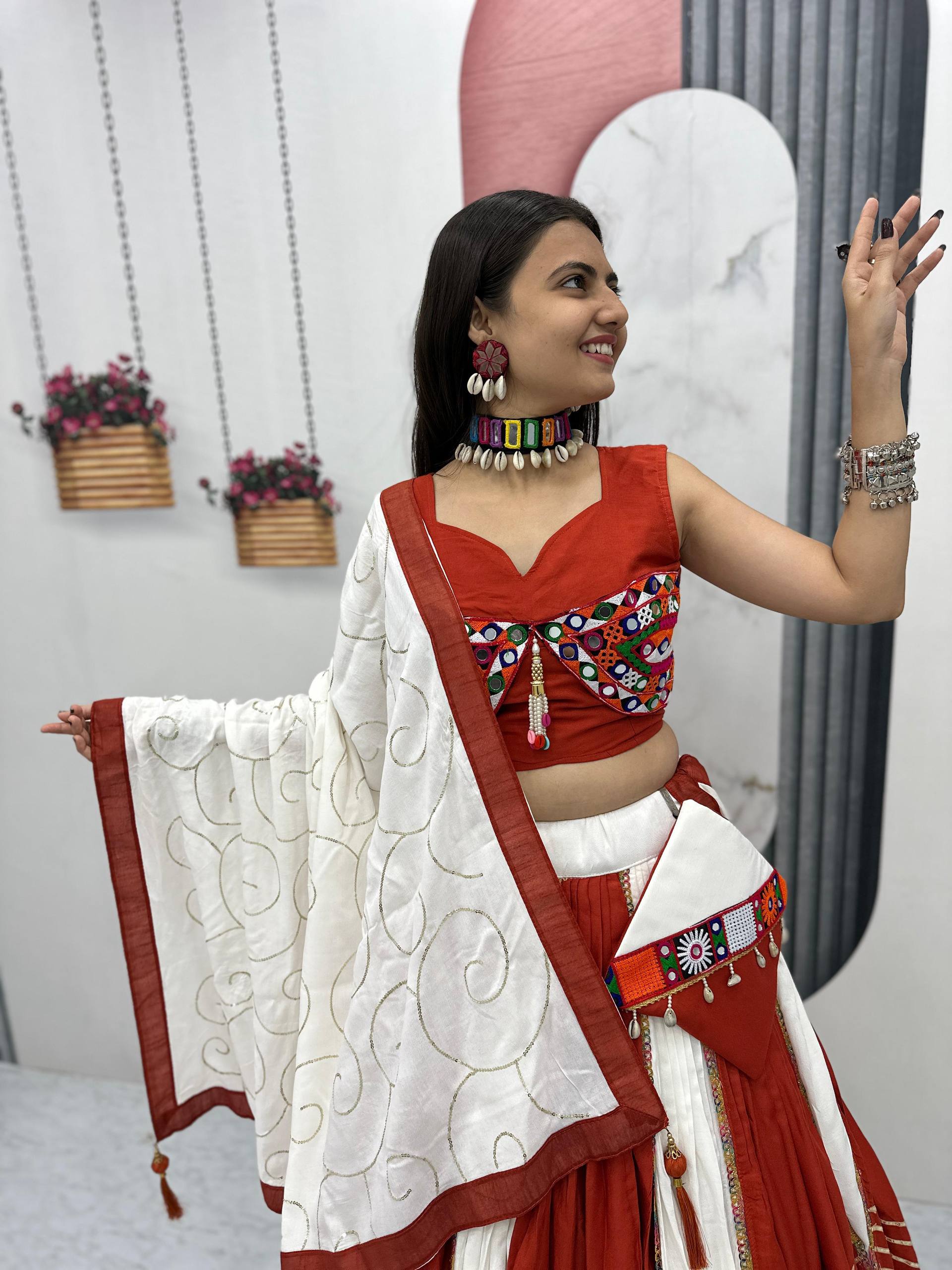 Navratri Gamathi Mirror Work Lehenga Choli 6 Flair Riyon Cotton Sequince Dupatta Purse
