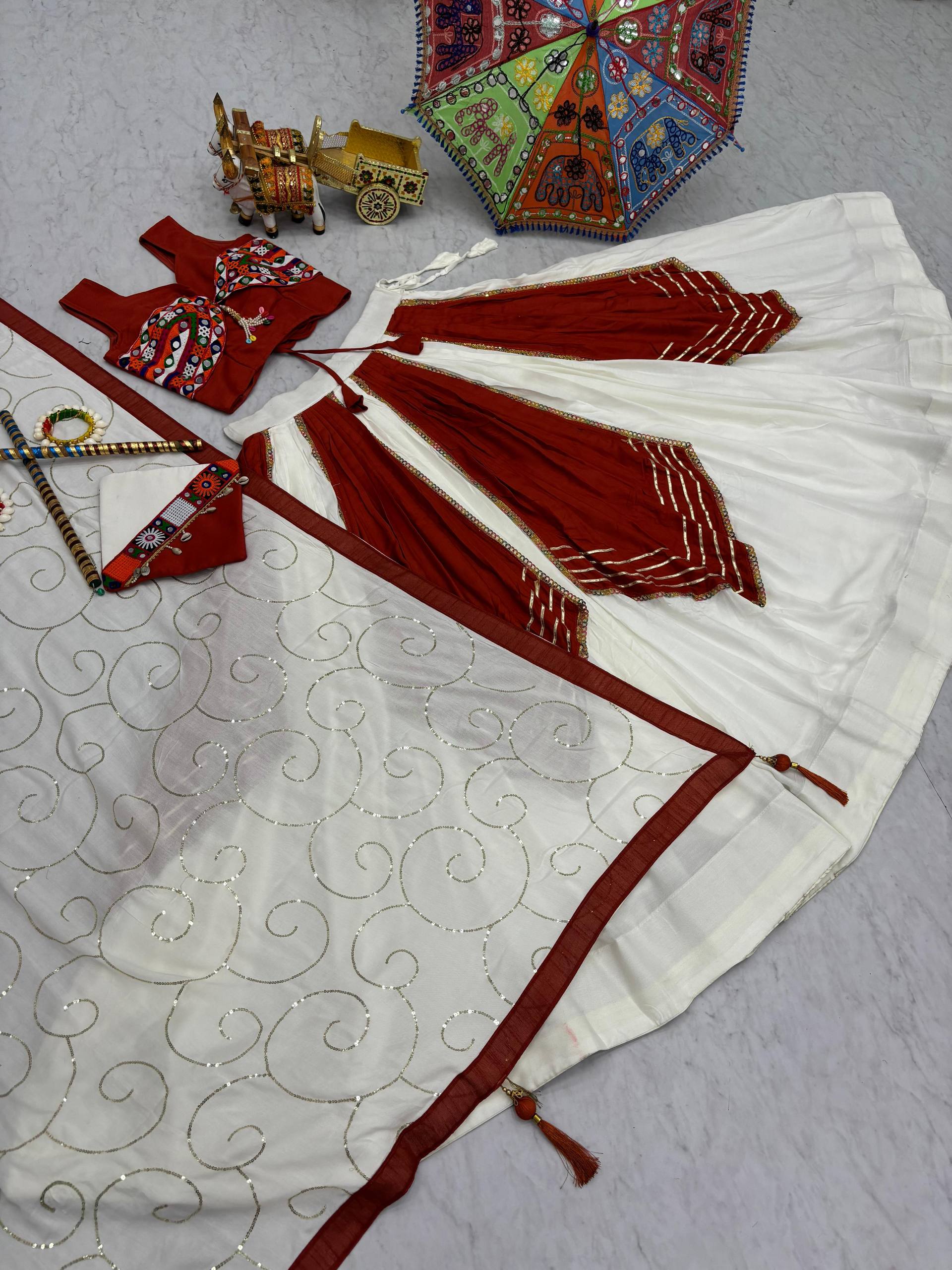 Navratri Gamathi Mirror Work Lehenga Choli 6 Flair Riyon Cotton Sequince Dupatta Purse