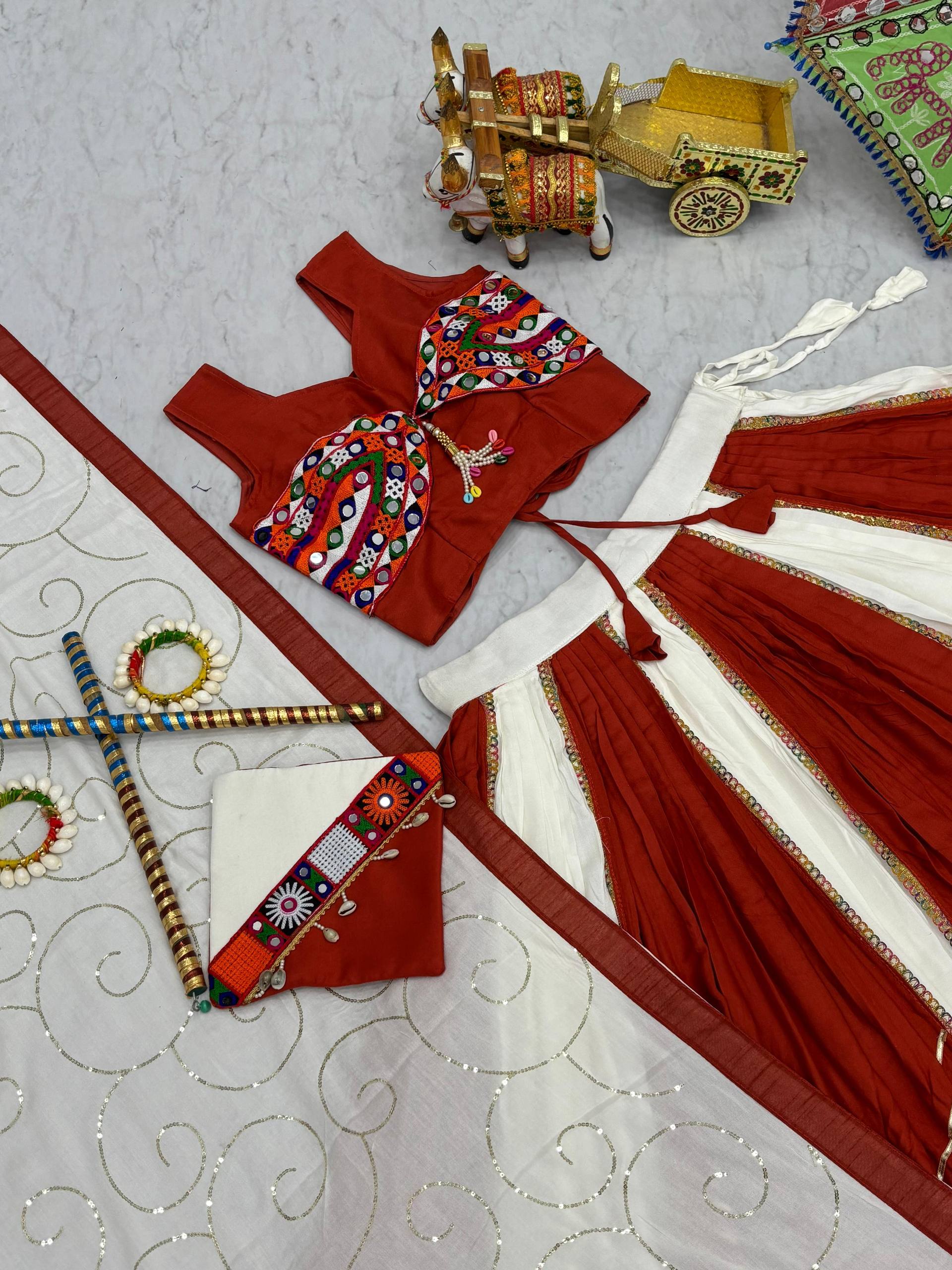 Navratri Gamathi Mirror Work Lehenga Choli 6 Flair Riyon Cotton Sequince Dupatta Purse