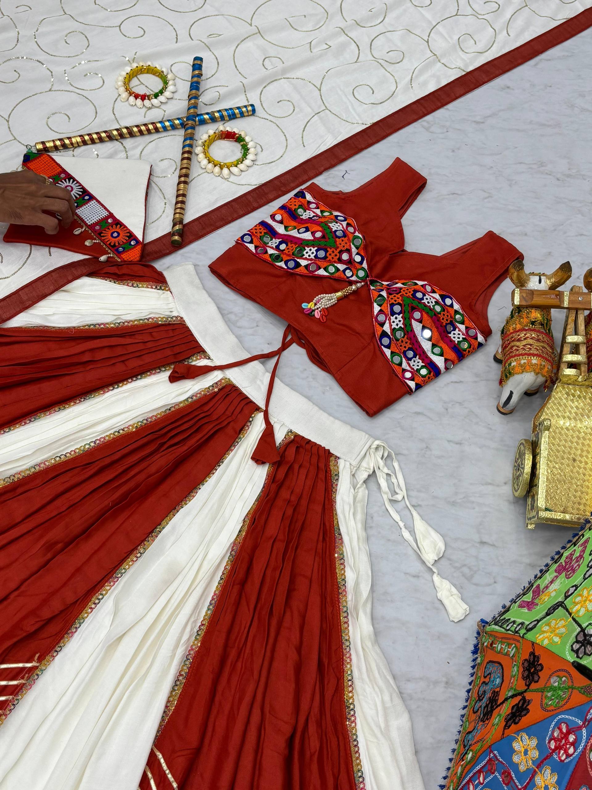Navratri Gamathi Mirror Work Lehenga Choli 6 Flair Riyon Cotton Sequince Dupatta Purse