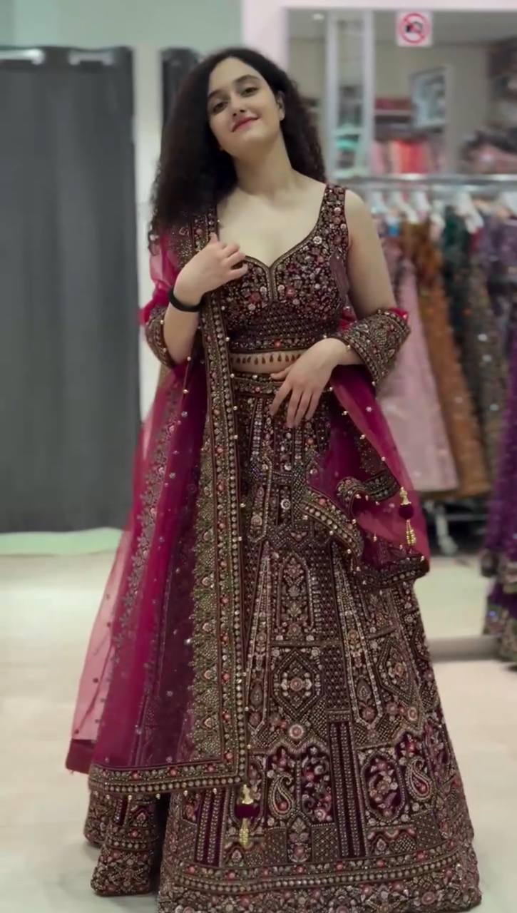 Women’s Wine Embroidered Lehenga Choli with Matching Blouse