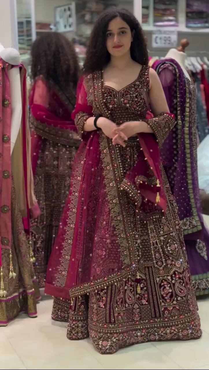 Women’s Wine Embroidered Lehenga Choli with Matching Blouse